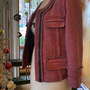 Hinge Wool Blend Red Gray Woven Tweed Open Front Cropped Blazer Zipper detail 1